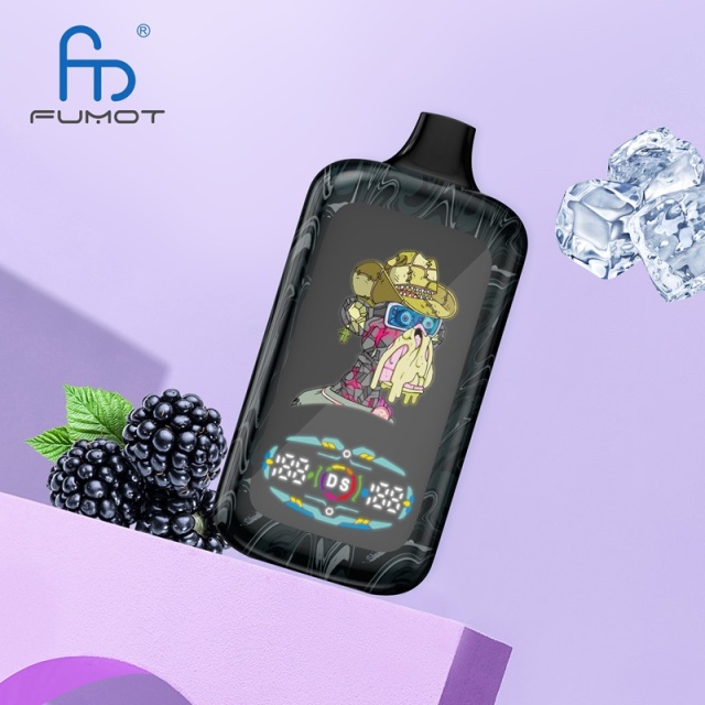 A blackberry vape featuring a cartoon monkey, with a real blackberry beside it, highlighting the black ice flavor.