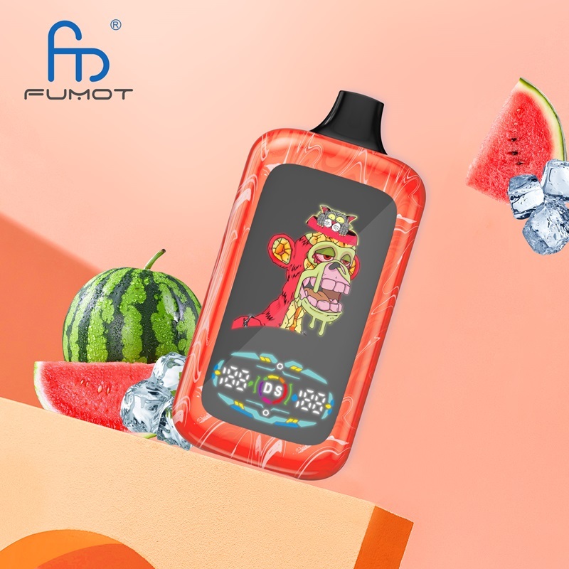 A  watermelon and a Fumot Digital Monkey 40,000 Puffs electronic cigarette on an orange box, with a background of watermelon ice flavor vape products.