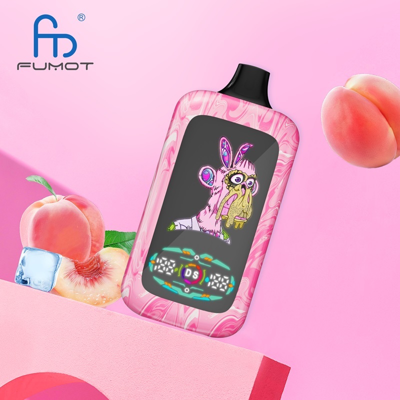 A pink vape device with peach slices, Fumot Digital Monkey, showcasing peach ice flavor against a peach and ice backdrop.
