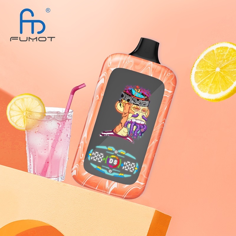 A bottle of pink lemonade juice, a lemon, and a glass of water, with a vape device displayed in the background.