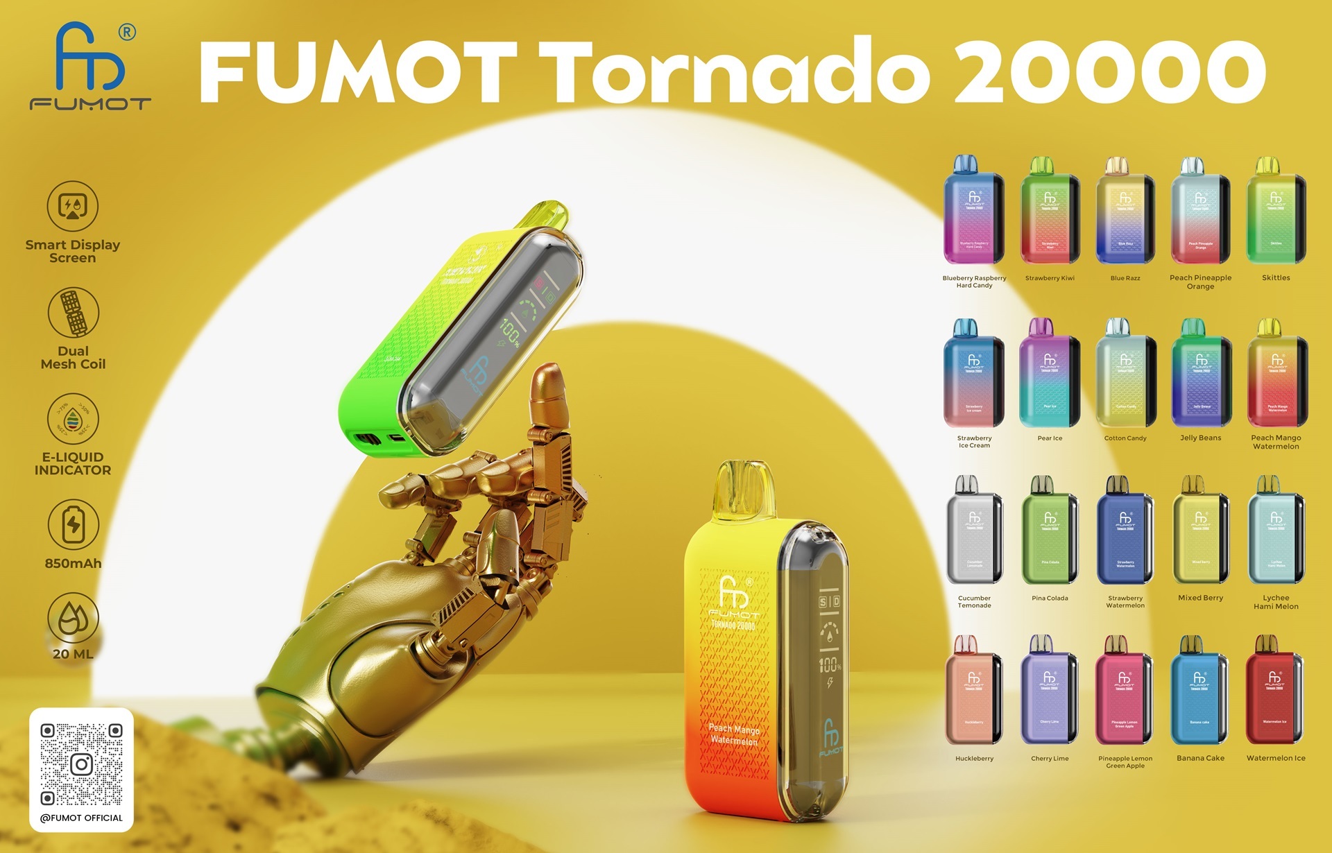 Fumot Tornado 20,000 puffs vape, vibrant flavors on yellow background, displayed by a mechanical hand highlighting its features.