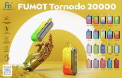 Fumot Tornado 20,000 puffs vape, vibrant flavors on yellow background, displayed by a mechanical hand highlighting its features.