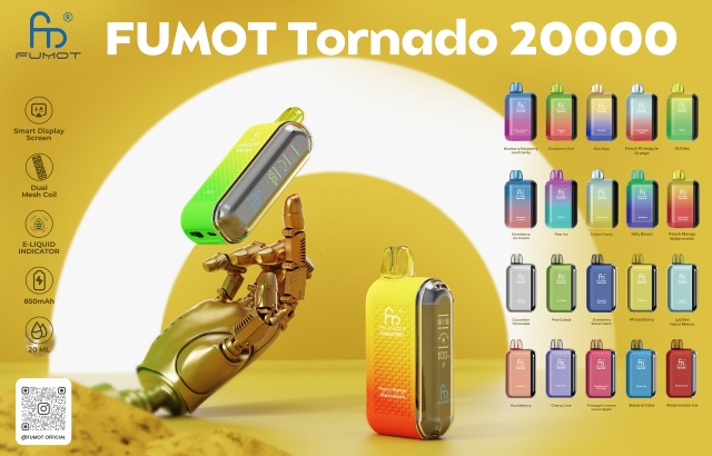 Fumot Tornado 20,000 puffs vape, vibrant flavors on yellow background, displayed by a mechanical hand highlighting its features.