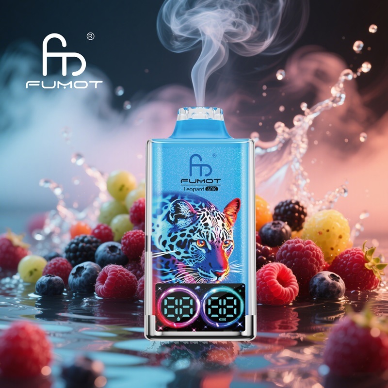 A blue Fumot Leopard vape surrounded by mixed berries and emitting smoke, highlighting its berry flavor.