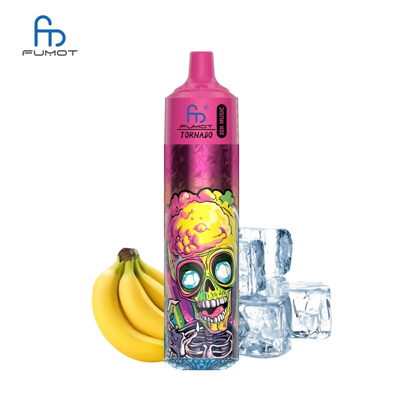 A banana and an ice cube beside a pink e-liquid bottle labeled Banana Ice on a white background.