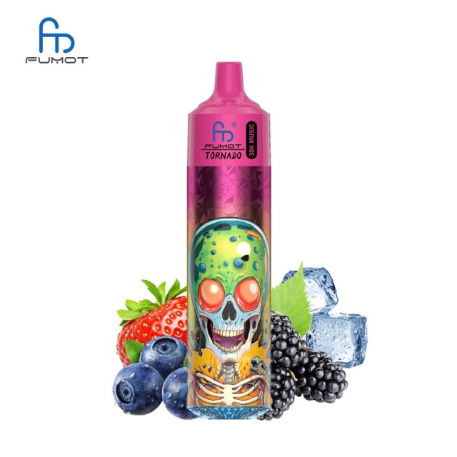 A skull topped with berries and ice, representing the Fumot RandM Tornado 30K Music vape flavor mix on a white background.