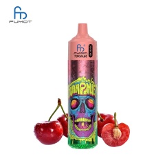 Fumot RandM Tornado 30K Music cherry vape alongside cherries on a white background, highlighting the flavor.