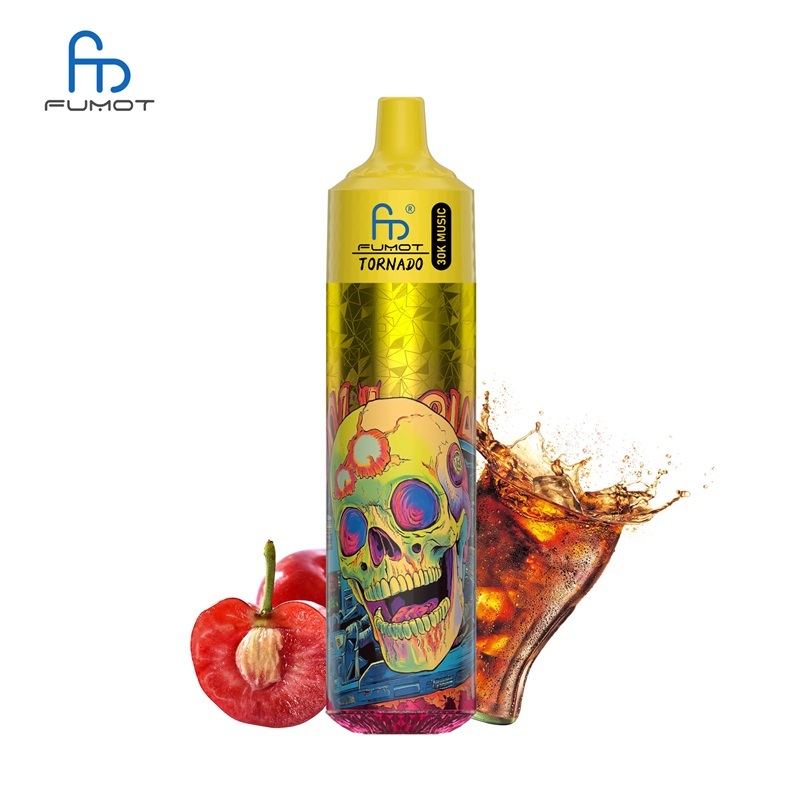 Fumot Tornado 30k Music Vape labeled with a skull, containing Cherry Cola vape liquid, placed beside a cherry on a white background.
