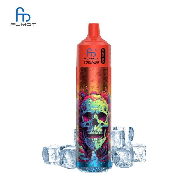 Fumot Tornado 30K Music Vape with a skull on it, colored red and blue, labeled Cola Ice, set on a clean white background.