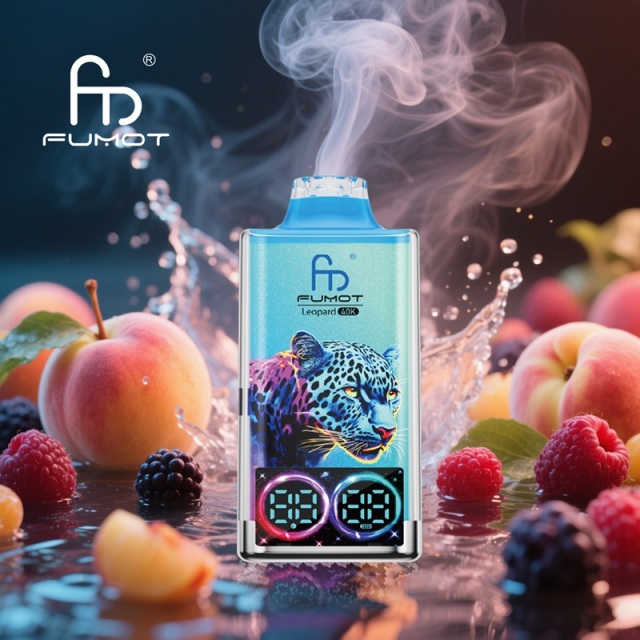 A Fumot Leopard vape exhaling smoke, surrounded by peach, blueberries, and raspberries, featuring peach berry flavor.