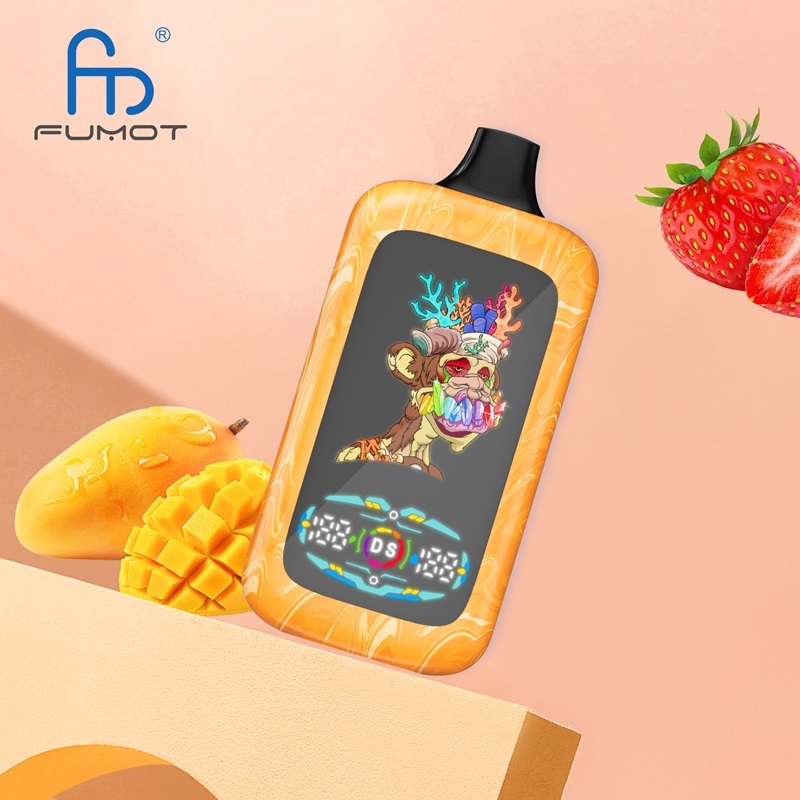 A vape with a fruit, surrounded by strawberry and mango, featuring a Fumot Digital Monkey vape device.