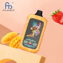 A vape with a fruit, surrounded by strawberry and mango, featuring a Fumot Digital Monkey vape device.