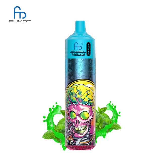 Fumot RandM Tornado 30K Music vape e-liquid bottle with a skull graphic, showcasing Cool Mint flavor against a white backdrop.