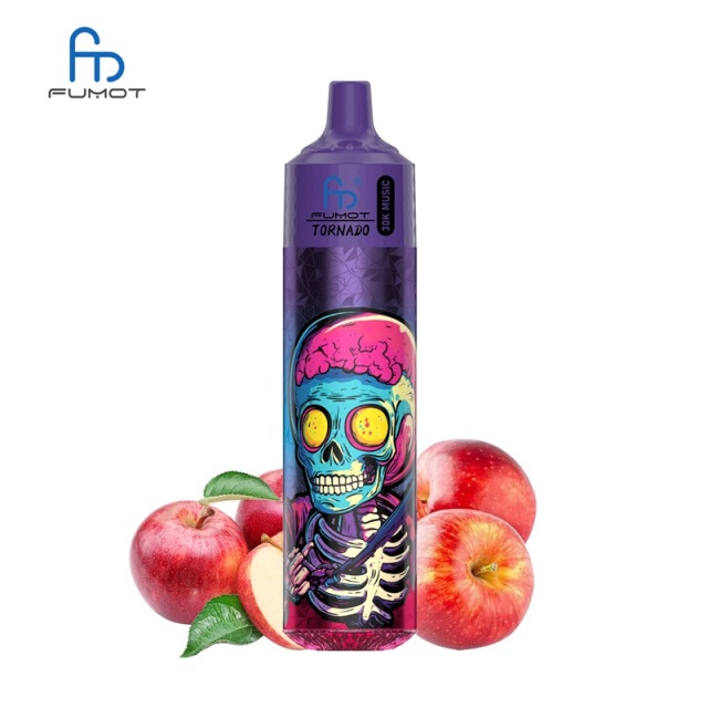 A skull with a red apple in front, representing the Fumot RandM Tornado 30K Music vape flavor, Double Apple.