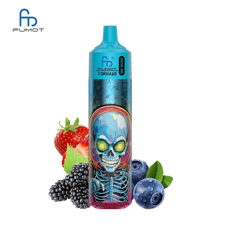 Fumot Tornado 30K Music, blue colored vape labeled Dr Blue features a blue and black skull adorned with berries, set on a white background.
