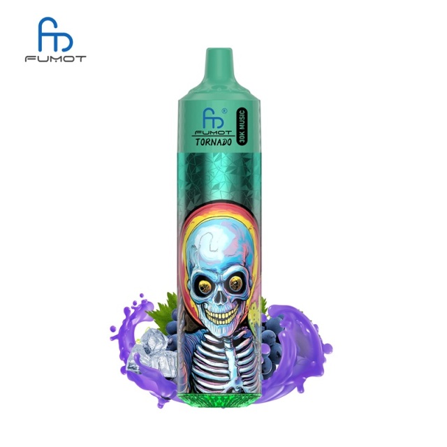 Colorful Vape featuring a skull design, labeled Fumot Tornado 30K Music, with Grape Ice flavor on a white background.
