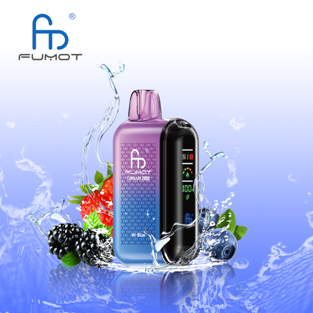 A Fumot Tornado 20,000 puffs vape with Mr Blue flavor alongside the splash of water and strawberry, raspberry and blueberry.