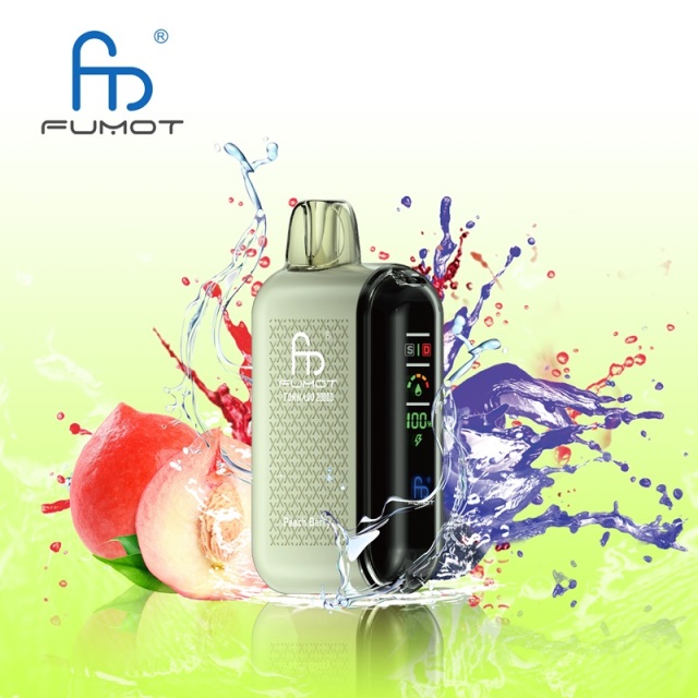 A Fumot Tornado 20,000 puffs vape with Peach Berry flavor alongside the splash of water and peach and berry.