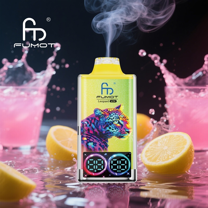 Fumot Leopard e-liquid box showcasing a vibrant tiger design, with pink lemonade flavor and smoke swirling around it.