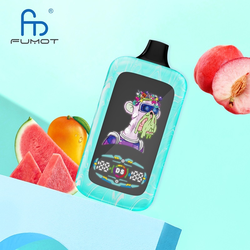 A blue box with a vape on top, featuring peach, mango, and watermelon flavors, alongside fruit in the background.