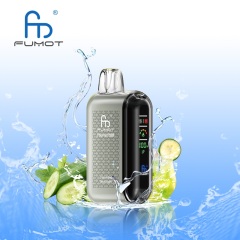 A Fumot Tornado 20,000 puffs vape with Cucumber Lemonade flavor alongside the splash of water and Cucumber and Lemonade.