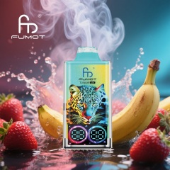 A Fumot Leopard vape bottle with strawberry-banana flavor, surrounded by strawberries and bananas, with smoke emerging from the device.