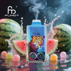 Fumot Leopard vape showcasing a tiger, emitting smoke, with watermelon bubblegum flavor and a colorful watermelon background.