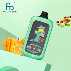 A green vape with a cartoon monkey design, surrounded by tropical flavors and colorful candy imagery.