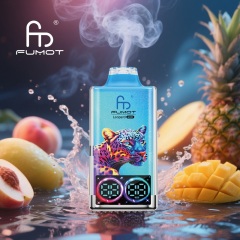 A Fumot Leopard vape exhaling smoke, surrounded by peach, mango, and pineapple fruits, showcasing its tropical flavor.