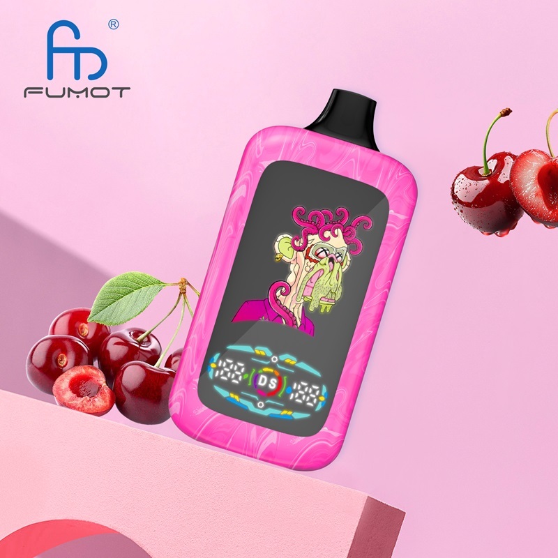 A pink vape device with cherry bomb flavor, adorned with cherries, set against a backdrop of more cherries.