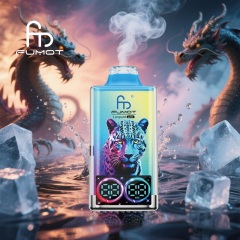A Fumot Leopard vape on ice, emitting smoke, with a black dragon and icy background, showcasing the dragon ice flavor.