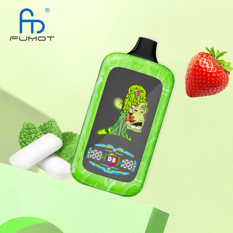 Green vape device featuring strawberry mint candy flavor, with strawberries and mint leaves placed around it.