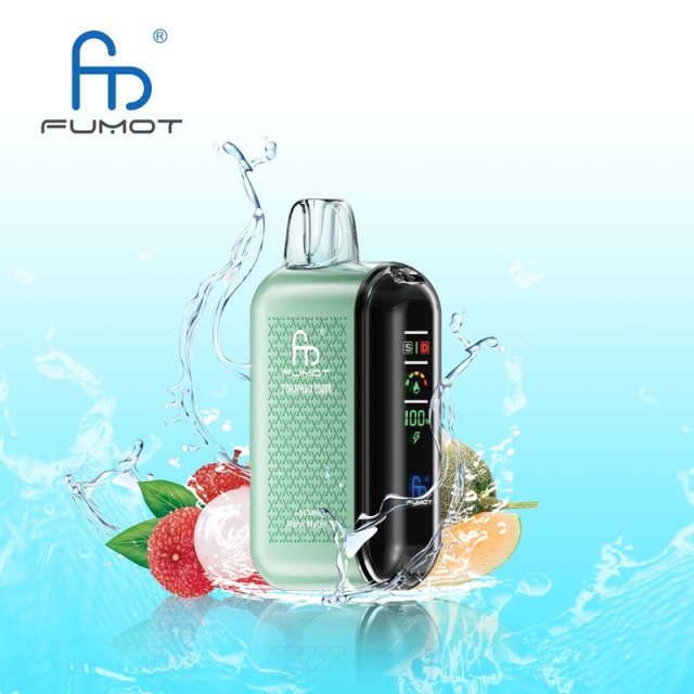 A Fumot Tornado 20,000 puffs vape with Lychee Hami Melon flavor alongside the splash of water and lychee and hami melon.