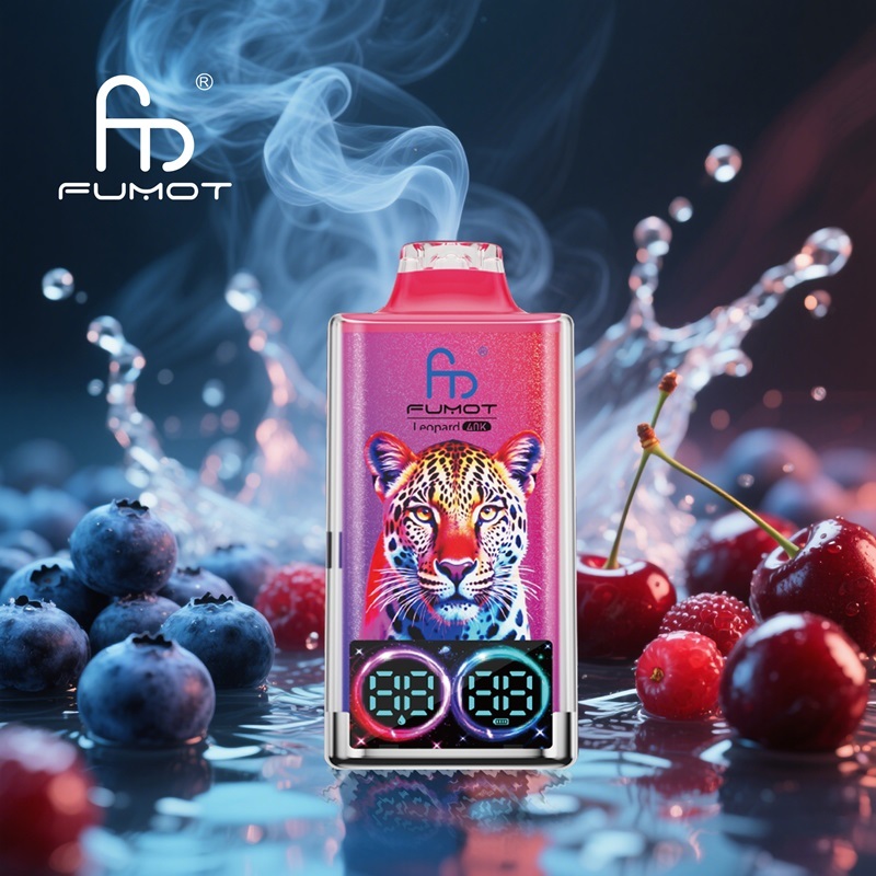 A vape surrounded by blueberries and a tiger, emitting smoke, with a background of blueberry, cherry, cranberry and water splash.