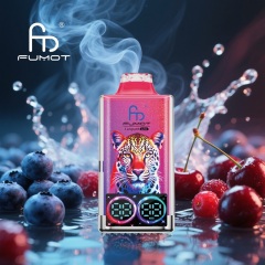 A vape surrounded by blueberries and a tiger, emitting smoke, with a background of blueberry, cherry, cranberry and water splash.