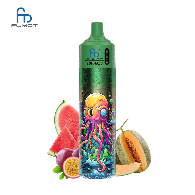 Colorful Vape featuring a skull design, labeled Fumot Tornado 30K Music, with Love 66 flavor on a white background.