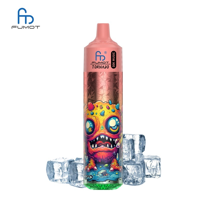 Colorful Vape featuring a skull design, labeled Fumot Tornado 30K Music, with Lush Ice flavor on a white background.