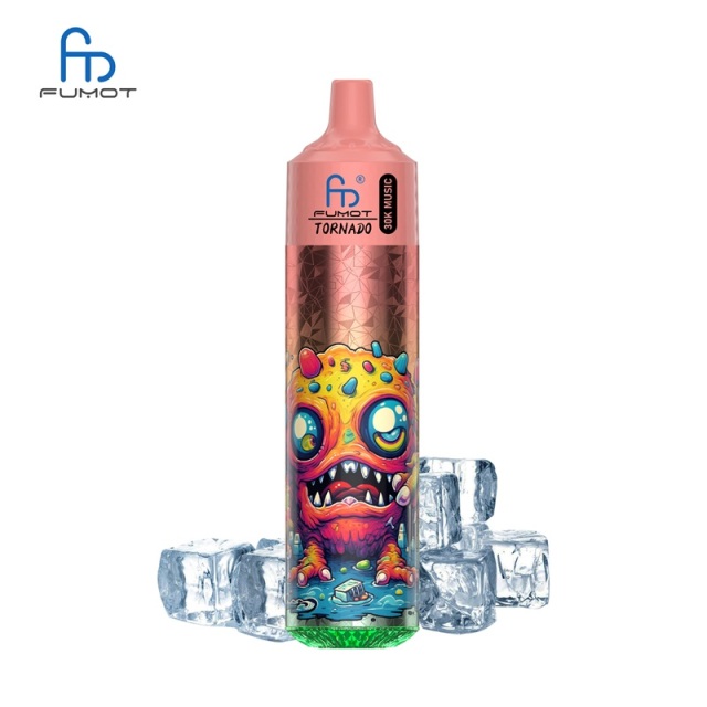 Colorful Fumot RandM Tornado 30K Music vape featuring a monster design, flavored Lush Ice, on a white background.