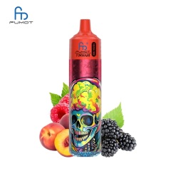 Colorful e-liquid bottle featuring a skull design, labeled Fumot Tornado 30K Music, with Peach Berry flavor on a white background.