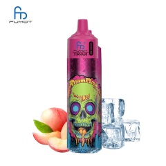 A pink skull beside an ice cube, representing the Fumot RandM Tornado 30K Music vape with Lush Ice flavor on a white background.