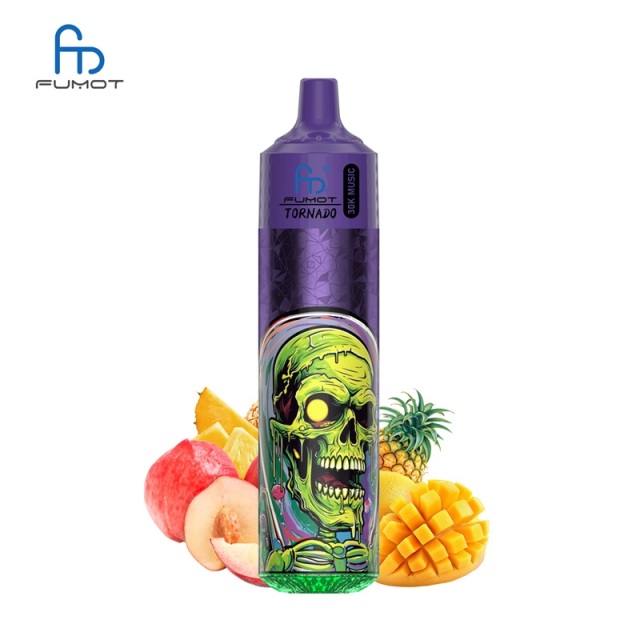 Purple e-liquid bottle featuring a skull, labeled Fumot Tornado 30K Music, with Peach Mango Pineapple flavor on a white background.