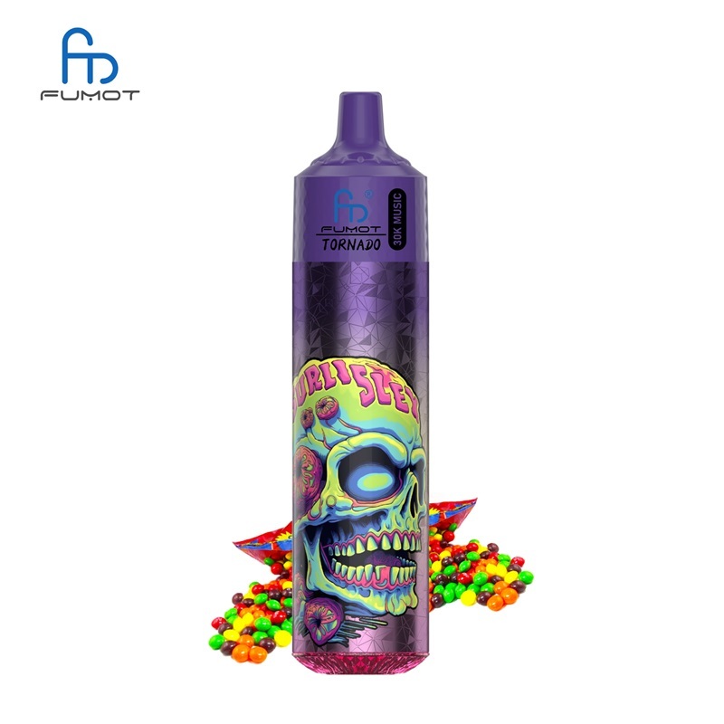 Purple vape featuring a skull design, labeled Fumot Tornado 30K Music, with Skittles flavor on a white background.