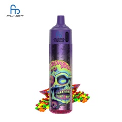 Purple vape featuring a skull design, labeled Fumot Tornado 30K Music, with Skittles flavor on a white background.