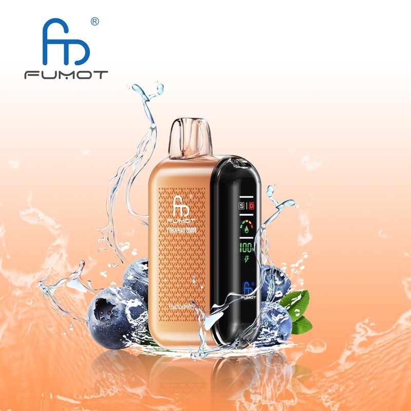 A Fumot Tornado 20,000 puffs vape with Huckleberry flavor alongside the splash of water and Huckleberry.