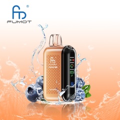 A Fumot Tornado 20,000 puffs vape with Huckleberry flavor alongside the splash of water and Huckleberry.
