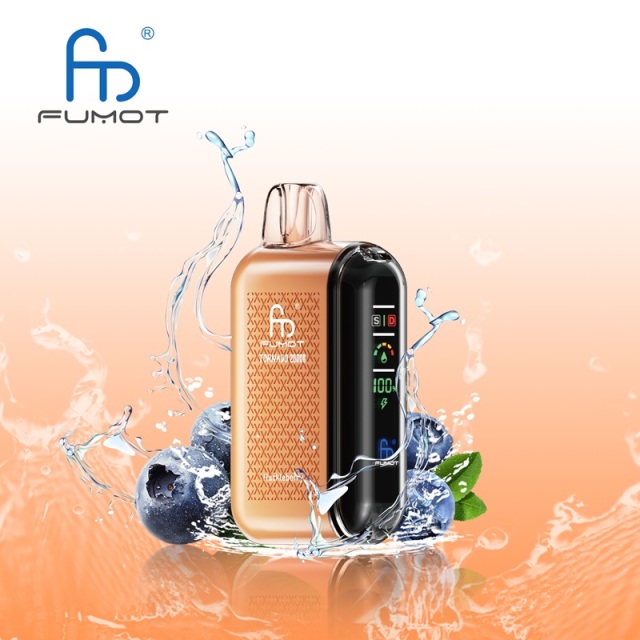 A Fumot Tornado 20,000 puffs vape with Huckleberry flavor alongside the splash of water and Huckleberry.