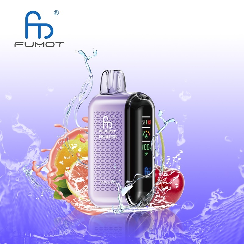 A Fumot Tornado 20,000 puffs vape with Cherry Lime flavor alongside the splash of water and cherry and lime.