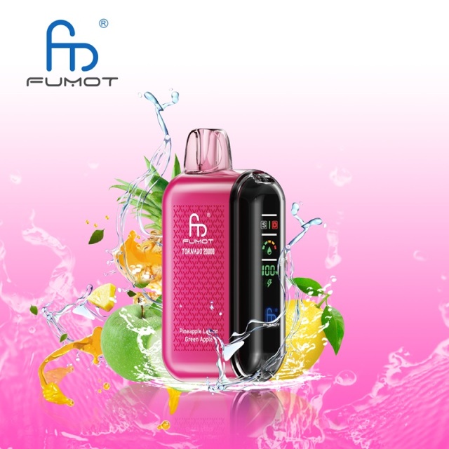 A Fumot Tornado 20,000 puffs vape with Pineapple, Lemon, Green Apple flavor alongside the splash of water and pineapple, lemon and green apple.