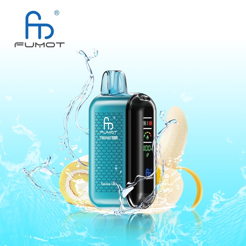 A Fumot Tornado 20,000 puffs vape with Banana Cake flavor alongside the splash of water and banana.