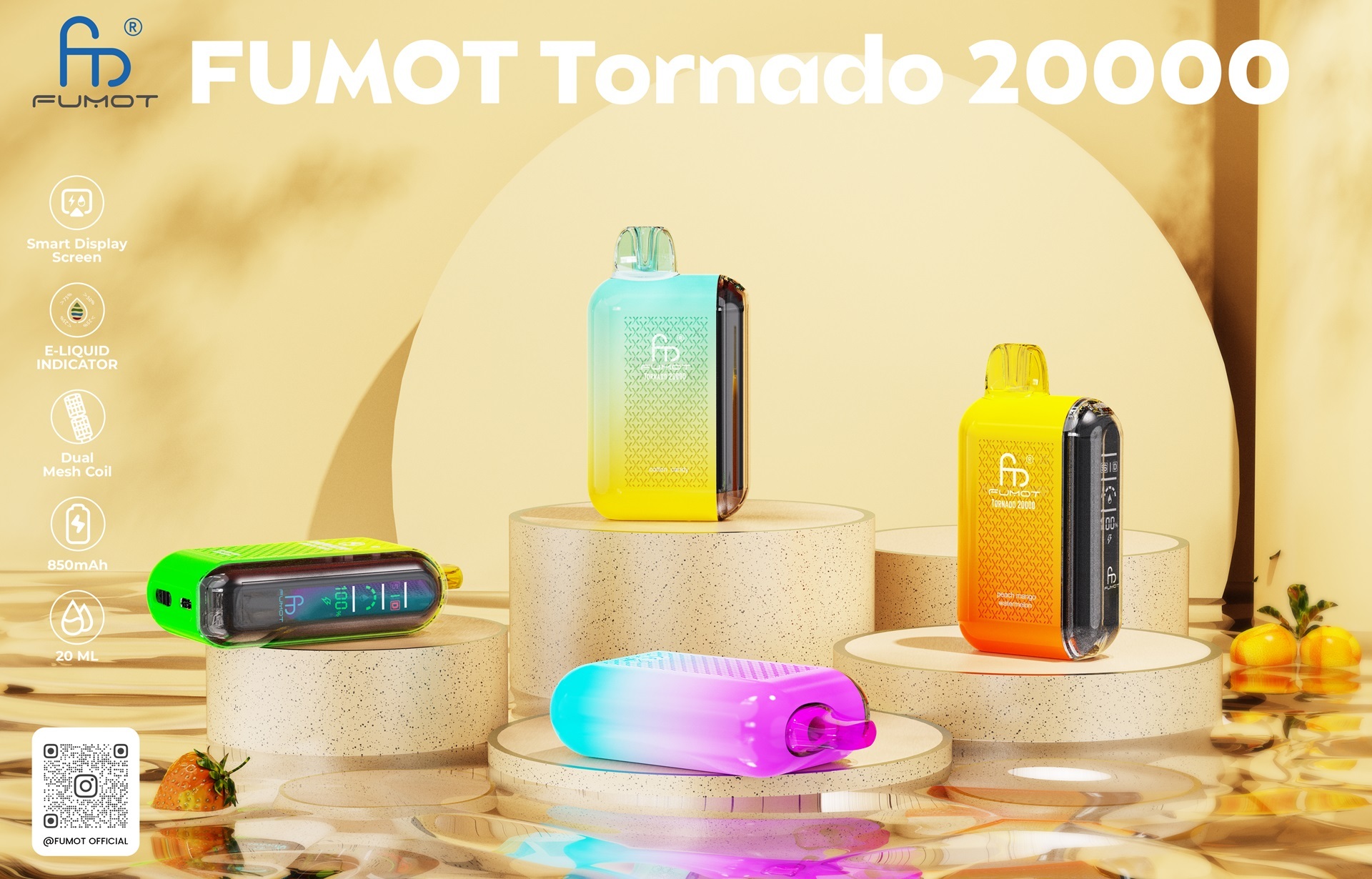 Fumot Tornado vape with 20,000 puffs, featuring 4 flavors on a light yellow and golden background showcasing its features.